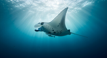 Magnificent Manta Ray Swimming in Blue Ocean Water with Sun Rays Peeking Through Clear Tranquil Depths and Peaceful Underwater Scene