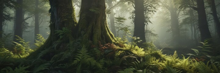 Fototapeta premium Moss-covered tree trunk, vibrant ferns, deep forest shadows , wood, wild
