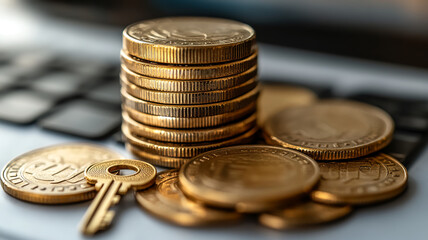Golden coins and key stacked on keyboard, symbolizing wealth and security