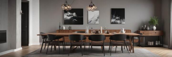 Elegant dining area with brown sofa, wooden table, grey walls, black/white art,  home decor,  house interior