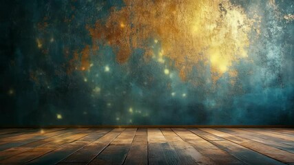 Room Wooden floor meets textured turquoise & gold wall, with blurry lights - Powered by Adobe