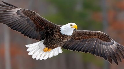 Obraz premium Majestic Bald Eagle Soaring Through Blue Sky with Wings Spread Wide and Sharp Eyes Observing