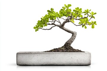 Green Bonsai Tree in Grey Pot Against White Background