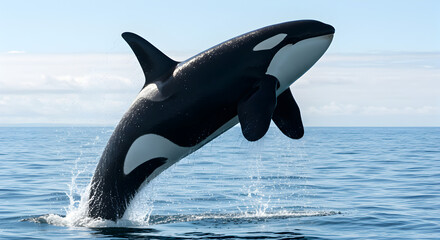 Fototapeta premium Majestic Orca Whale Leaping from the Blue Ocean Waters with Splashing Water in Clear Sky During Daytime