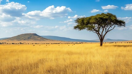 Lone acacia with African savanna.