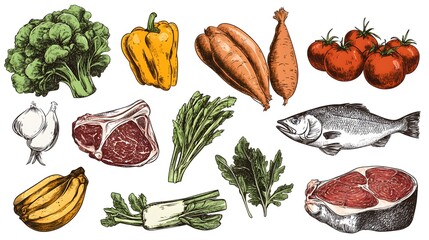 Collection of hand-drawn food illustrations in vintage style.