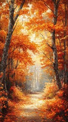 Fototapeta premium Oil painting on forest path in autumn