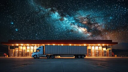 Truck parked at warehouse under starry night sky - Powered by Adobe
