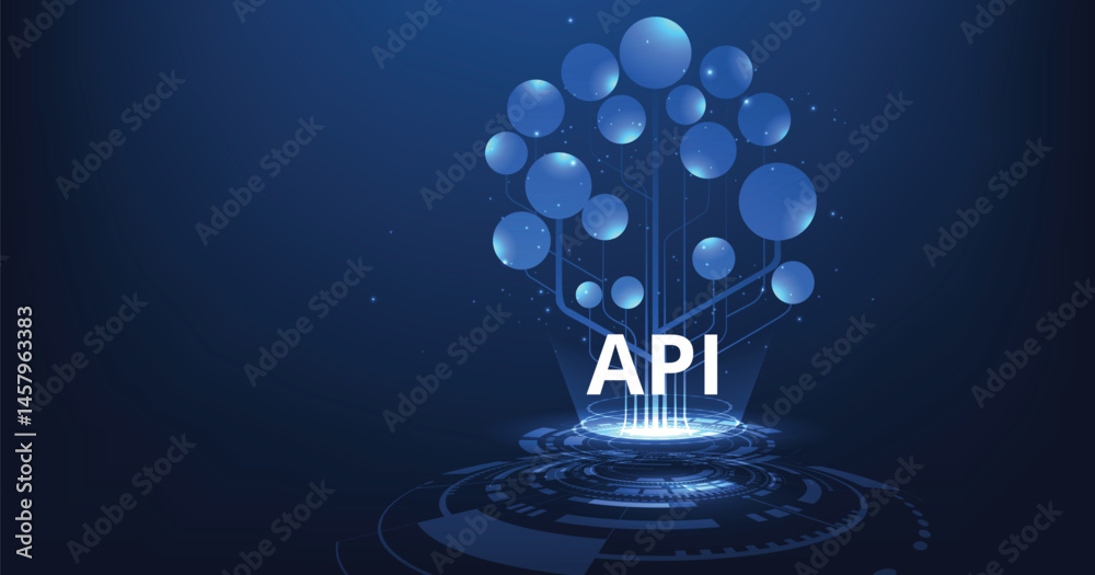 Poster Application Programming Interface (API) concept. Software development tool, information technology, modern technology, internet and networking concept on a dark blue background.	