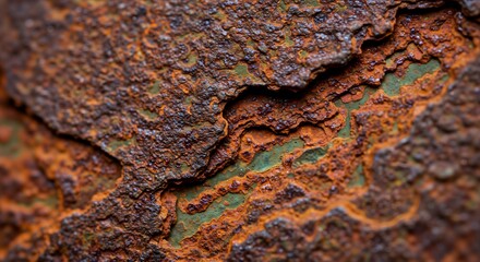 Close-up macro view of heavily corroded and textured metal surface showing intricate patterns of orange and brown rust with glimpses of underlying green paint