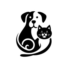 Fototapeta premium Elegant black and white silhouette of a dog and cat looking at each other vector logo