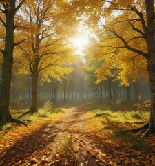 Fototapeta premium Sun-dappled autumn clearing, dense deciduous foliage, vibrant green and gold leaves , overgrowth, trunk, background