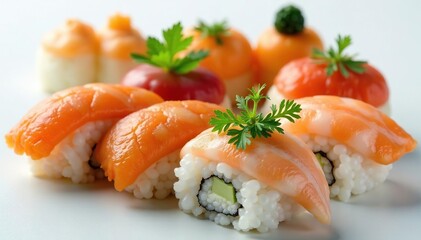 Assorted Japanese appetizers on white surface, asia, meal, delicious