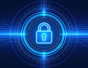 A glowing digital padlock symbol represents cybersecurity and data protection in a futuristic, tech-inspired design.
