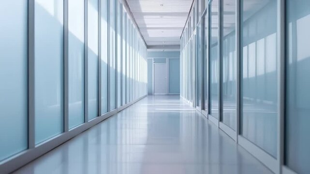 Symmetrical Hallway with Glass Walls and Polished Floors in Minimalist Design