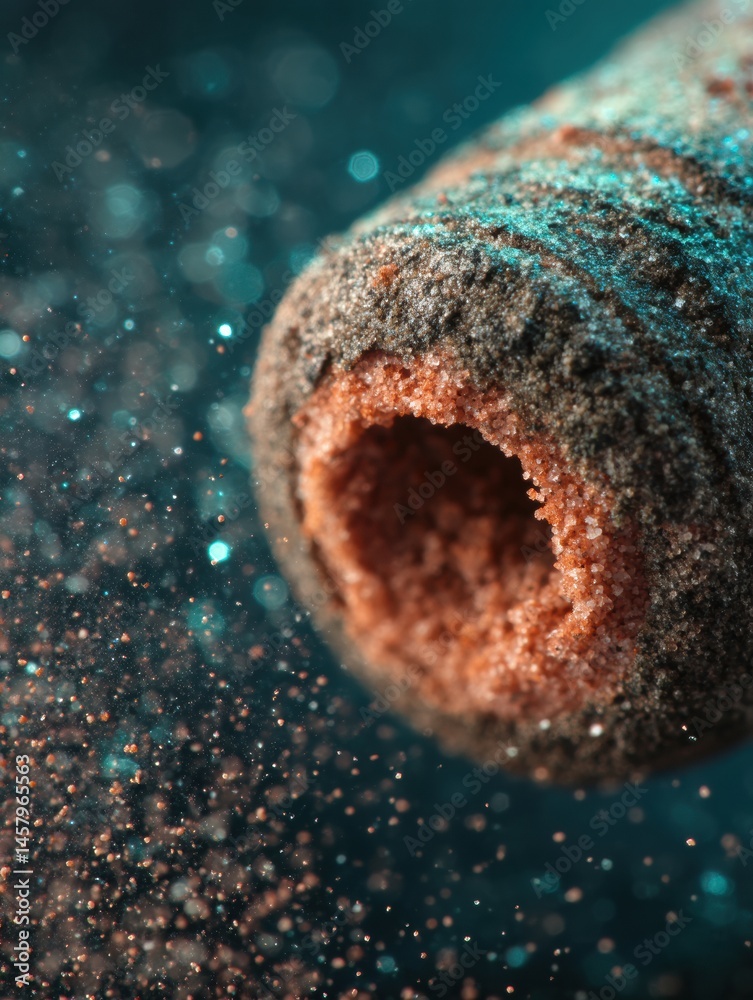 Poster Detailed Super Macro Shot Showcasing the Intricate Texture of a Capsule Shell and Vibrant Powder Particles Against a Contrasting Background Generative AI