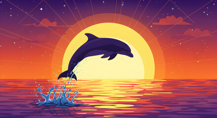 Pixel Art Dolphin Leaping from Ocean at Sunset with Vibrant Colors and 8-bit Style Retro Design