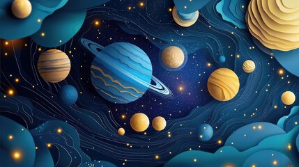 Abstract celestial scene of planets in space.