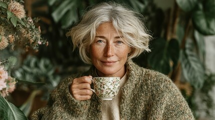 Fototapeta premium Elderly Woman Enjoying a Warm Beverage Amidst Lush Greenery and Floral Surroundings