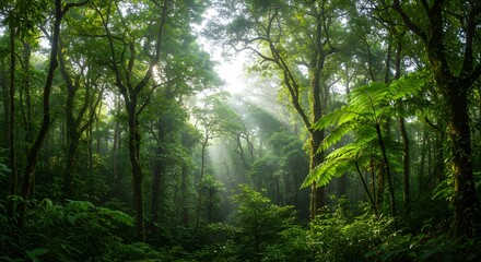 Lush rainforest canopy with sunlight filtering through (horizontal).
