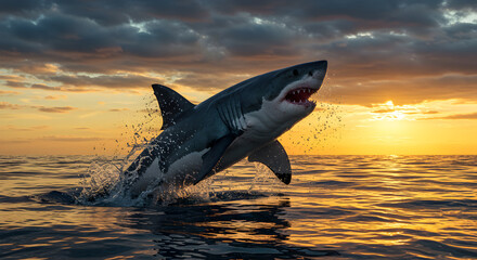 Fototapeta premium Pixelated Shark Leaping From Ocean At Sunset With Vivid Sky And Water Reflection And Pixel Block Style Art