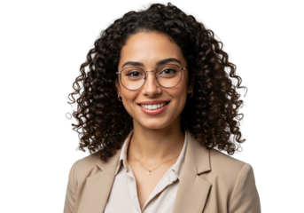 Cheerful Woman with Curly Hair Portrait Smiling Positive Business Look