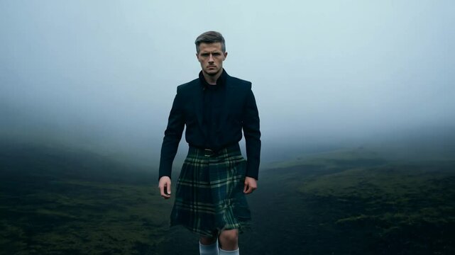 Camera slowly zooms in as a young white man in a scottish kilt walks confidently, facing the camera, along a foggy moor