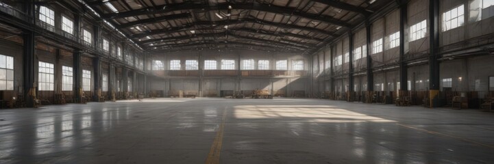 Expansive open space, high ceiling, raw industrial features , factory, pipes