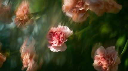 Delicate pink carnations in soft focus, vibrant greens and pinks.
