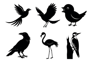 Expressive Bird Silhouettes Set Featuring Flamingo On White Background, Crow, Chick & Woodpecker, Vector Design, Bundle Of 6 Birds