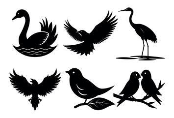 Exotic Bird Silhouette Vector Set with Toucan on White Background, Minimal Animal Art, Bundle of 6 Birds