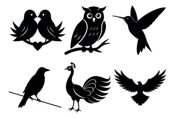 Stylized Bird Silhouettes Set Featuring Eagle On White Background, Bundle Of 6 Birds