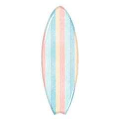 Surfboard with pastel blue, pink, and cream vertical stripes.
