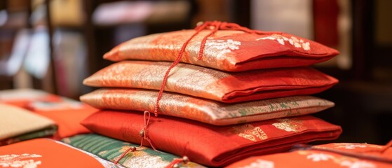 Fototapeta premium Stack of Japanese Silk Cushions in Kyoto Shop Close Up Eye Level Shot Rich Colors and Gold Leafing