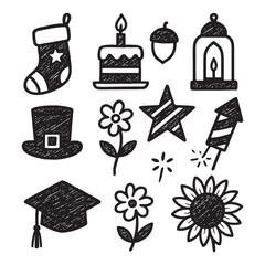 Hand Drawn Seasonal and Holiday Icon Set Doodle Style Black Line Illustration