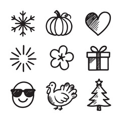 Hand Drawn Seasonal and Holiday Icon Set Doodle Style Black Line Illustration