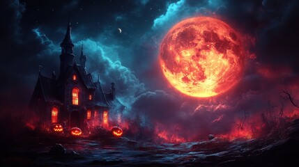 Eerie Halloween Night, Haunted House Under a Fiery Blood Moon