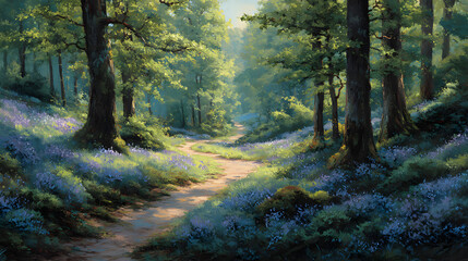 Fototapeta premium Sun-dappled pathway through a vibrant forest of blossoming bluebells. Trees provide a canopy of green, creating a peaceful retreat.