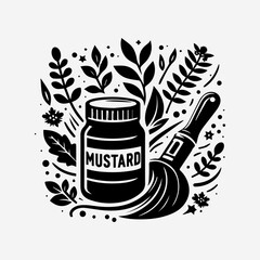 Black and white vector illustration of herbal ingredients including garlic, spices, seeds, and a medicine bottle for organic nutrition theme