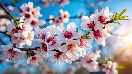 Obraz premium Blossoming apricot tree branches beneath beautiful sky with sunlight concept. A stunning close-up of blooming cherry blossoms in spring sunlight.