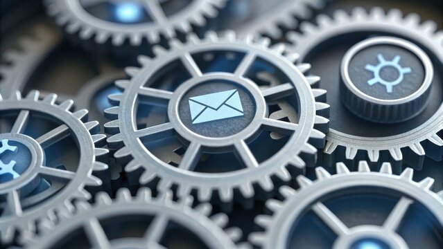 Close-up of metallic gears with blue accents, featuring an envelope symbol, representing technology and communication in a mechanical context.