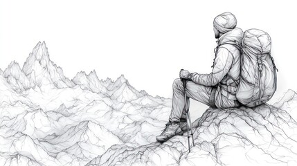 Contemplative Hiker Resting Atop Mountain Peak, Enjoying Solitude and Vast Landscape