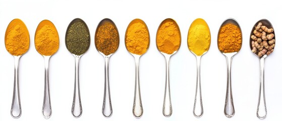 Fototapeta premium Assortment of Spices and Turmeric Roots on Silver Spoons Overhead Shot on White Background for Cooking and Healthy Lifestyle