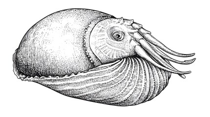 Detailed illustration of a nautilus shell and tentacles.