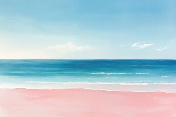Fototapeta premium Serene Beach Painting Blue Ocean, Pink Sand, White Waves, and Calm Sky