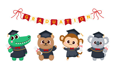 Cute animal crocodile, bear, monkey, and koala celebrate graduation