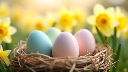 Obraz premium Easter Nest with Pastel Eggs and Yellow Daffodils – Spring Celebration Banner, White yellow easter eggs in a bird nest basket and yellow daffodils flowers