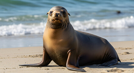 Fototapeta premium Close Up Brown Fur Seal Resting on Sandy Beach with Ocean Background Under Sunlight on Sunny Day