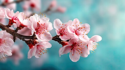 Obraz premium Blossoming apricot tree branches beneath beautiful sky with sunlight concept. Soft pink blossoms against a serene blue background, symbolizing spring.