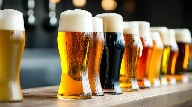 A Lineup of Craft Beers: A captivating lineup of diverse craft beers in chilled glasses, ready to be sampled. Each glass showcases a unique color, texture, and foam head.